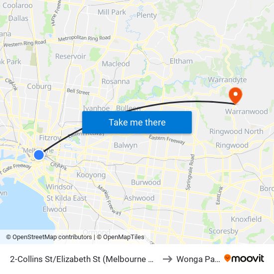 2-Collins St/Elizabeth St (Melbourne City) to Wonga Park map