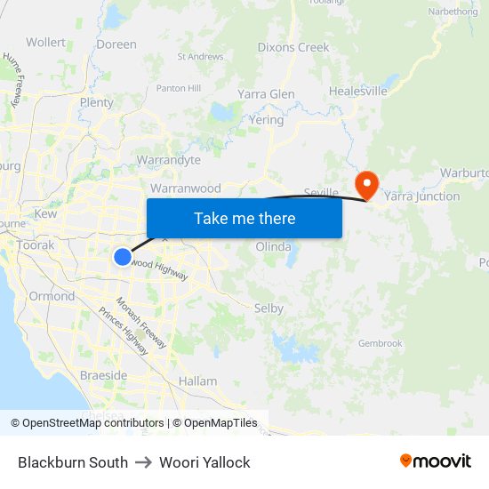 Blackburn South to Woori Yallock map
