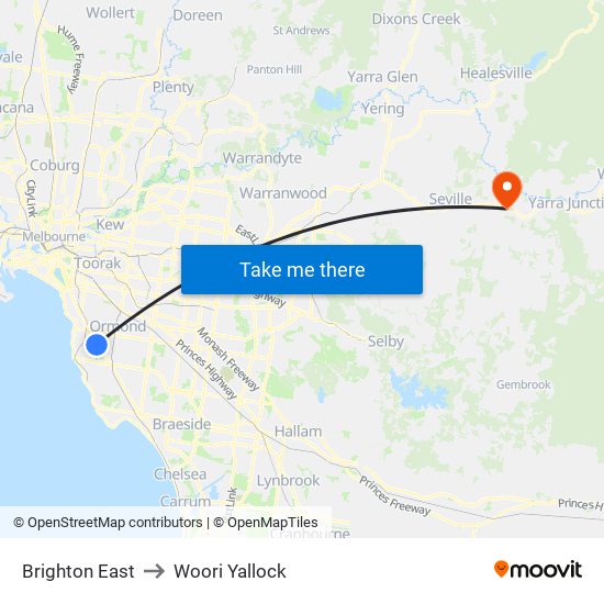 Brighton East to Woori Yallock map