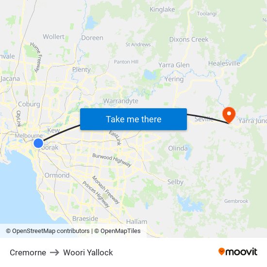 Cremorne to Woori Yallock map