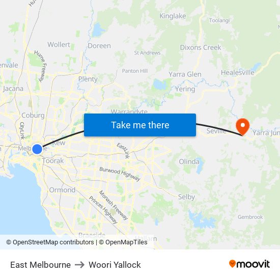 East Melbourne to Woori Yallock map