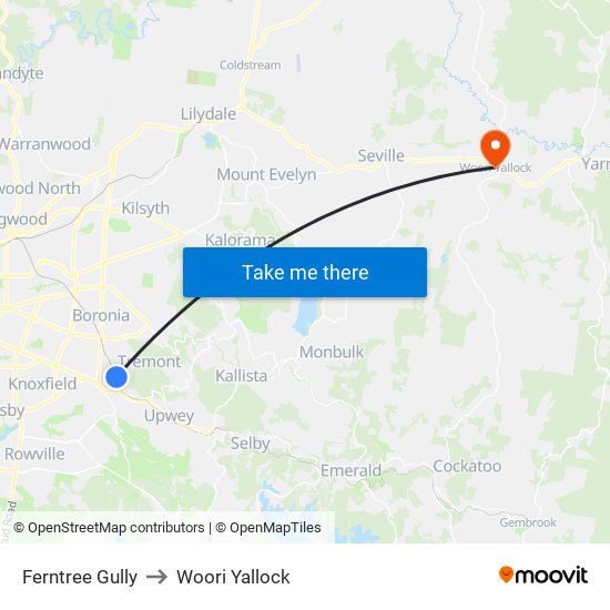 Ferntree Gully to Woori Yallock map