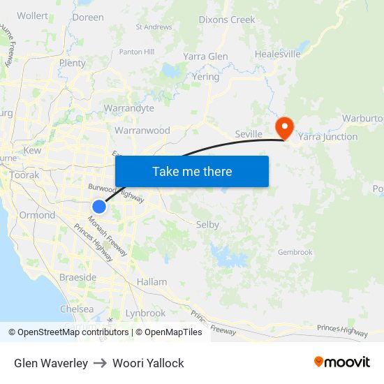 Glen Waverley to Woori Yallock map