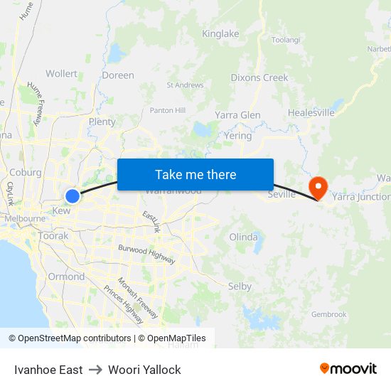 Ivanhoe East to Woori Yallock map