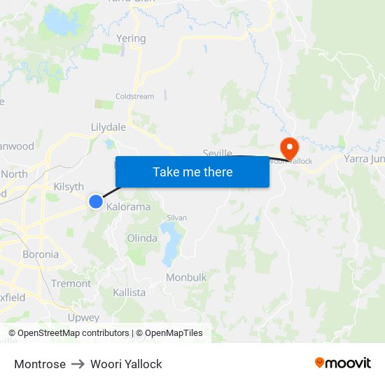 Montrose to Woori Yallock map