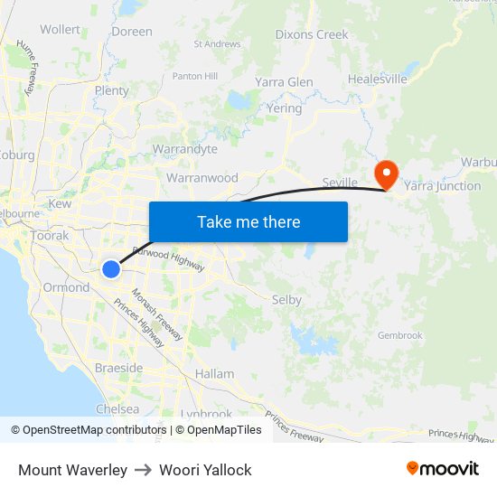 Mount Waverley to Woori Yallock map