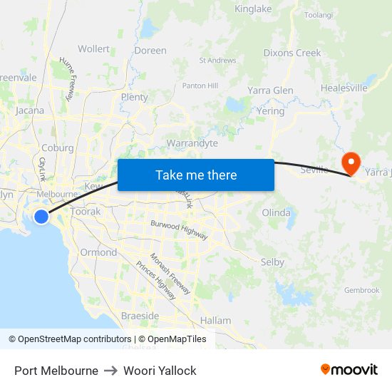 Port Melbourne to Woori Yallock map