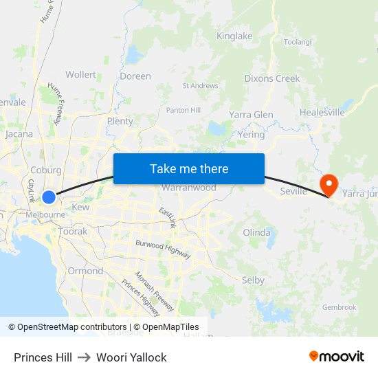 Princes Hill to Woori Yallock map