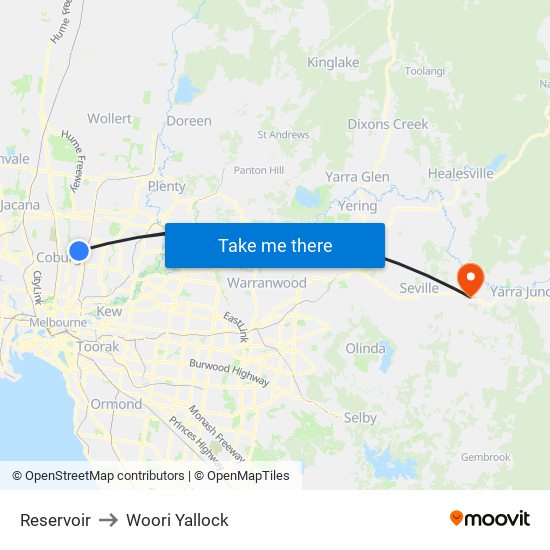 Reservoir to Woori Yallock map