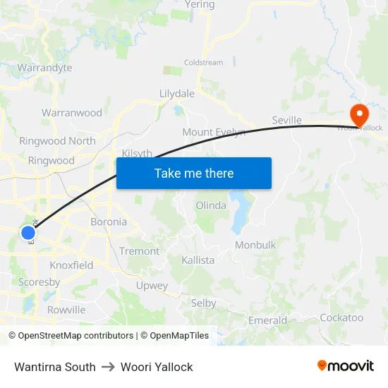 Wantirna South to Woori Yallock map