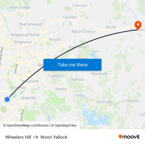 Wheelers Hill to Woori Yallock map