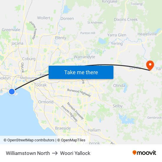 Williamstown North to Woori Yallock map