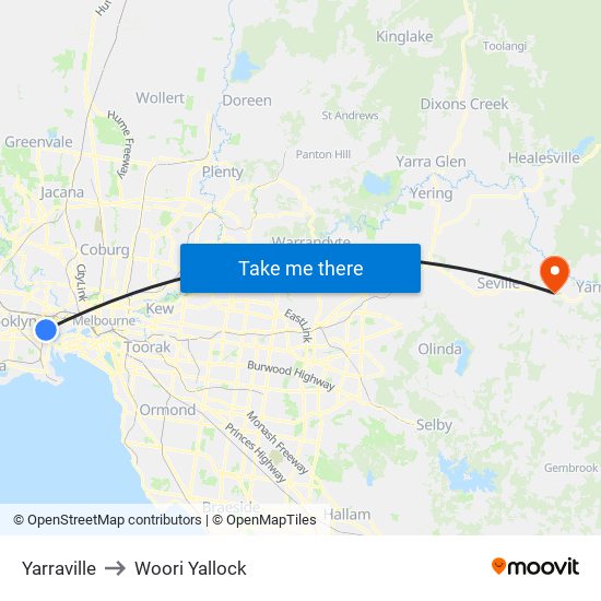 Yarraville to Woori Yallock map