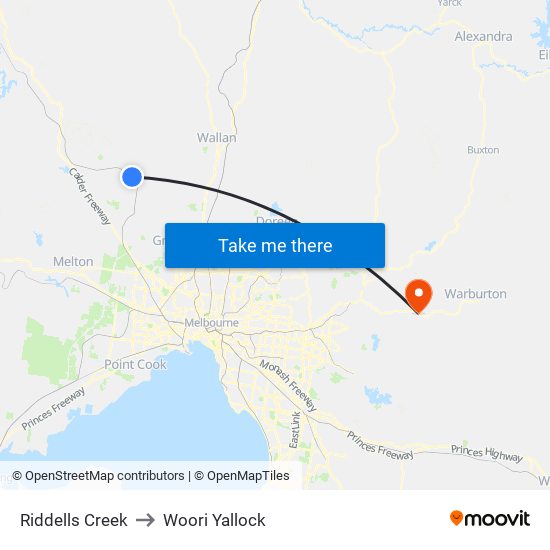 Riddells Creek to Woori Yallock map