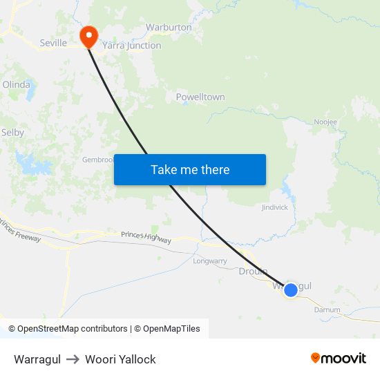 Warragul to Woori Yallock map