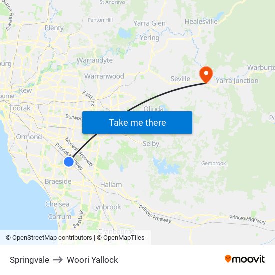 Springvale to Woori Yallock map