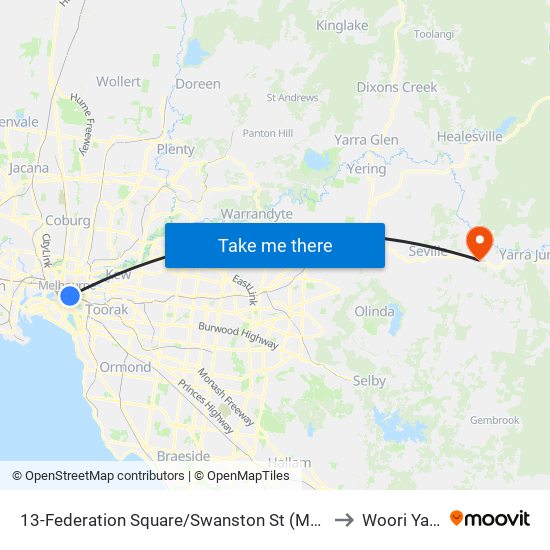 13-Federation Square/Swanston St (Melbourne City) to Woori Yallock map