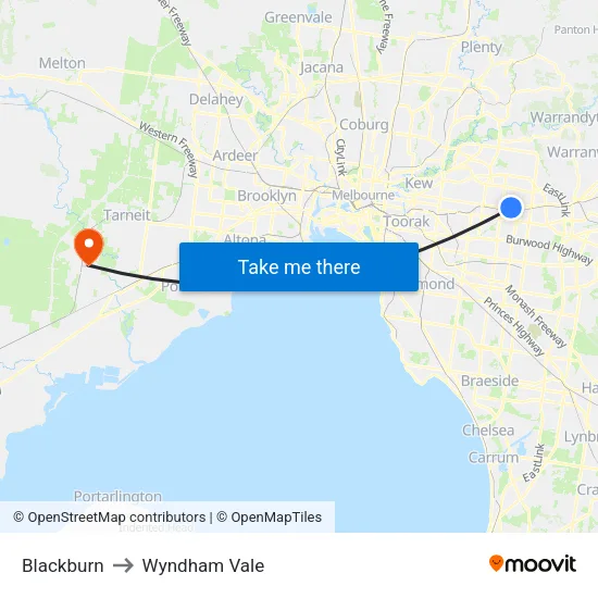 Blackburn to Wyndham Vale map