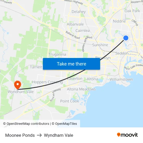 Moonee Ponds to Wyndham Vale map