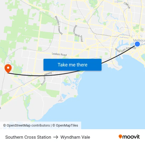 Southern Cross Station to Wyndham Vale map