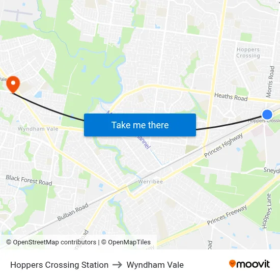 Hoppers Crossing Station to Wyndham Vale map