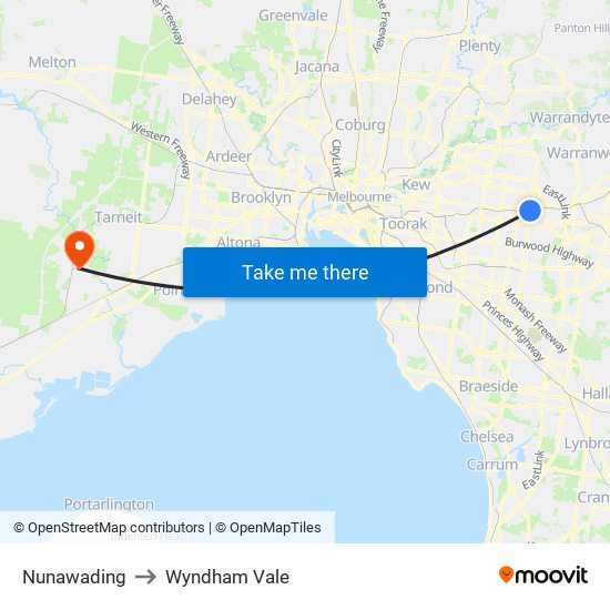 Nunawading to Wyndham Vale map