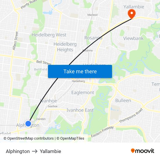 Alphington to Yallambie map