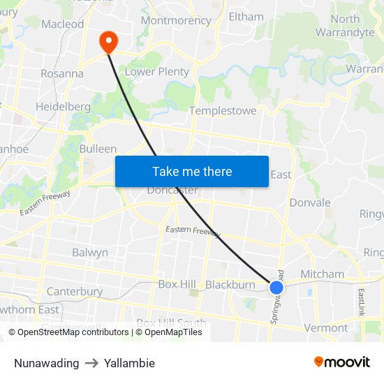 Nunawading to Yallambie map