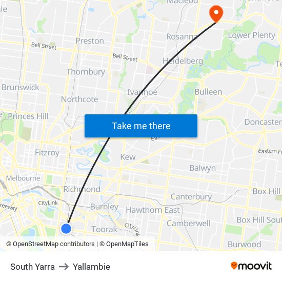 South Yarra to Yallambie map