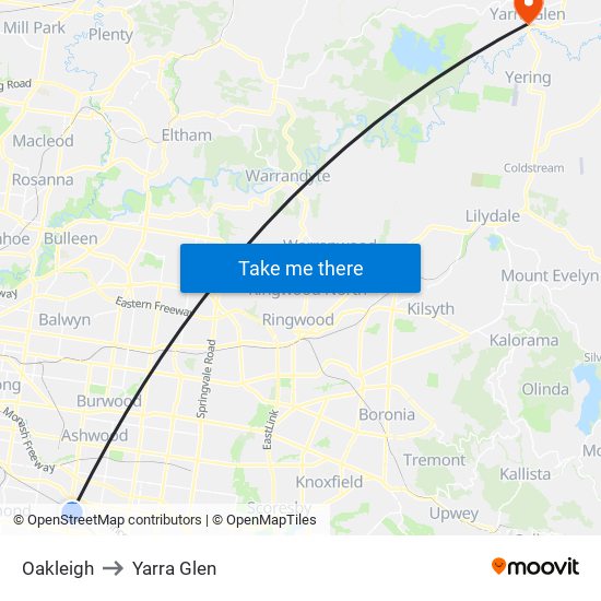 Oakleigh to Yarra Glen map