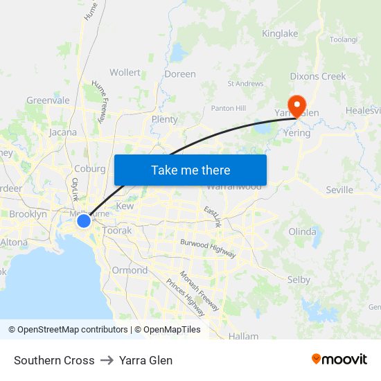 Southern Cross to Yarra Glen map