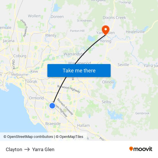 Clayton to Yarra Glen map