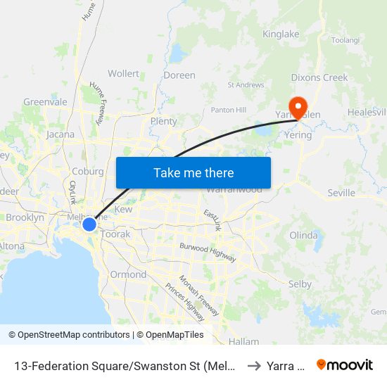 13-Federation Square/Swanston St (Melbourne City) to Yarra Glen map
