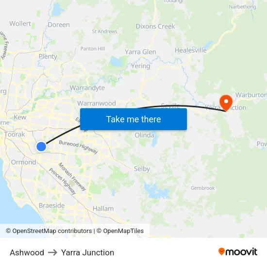 Ashwood to Yarra Junction map