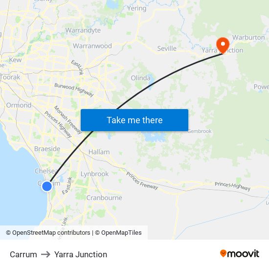 Carrum to Yarra Junction map