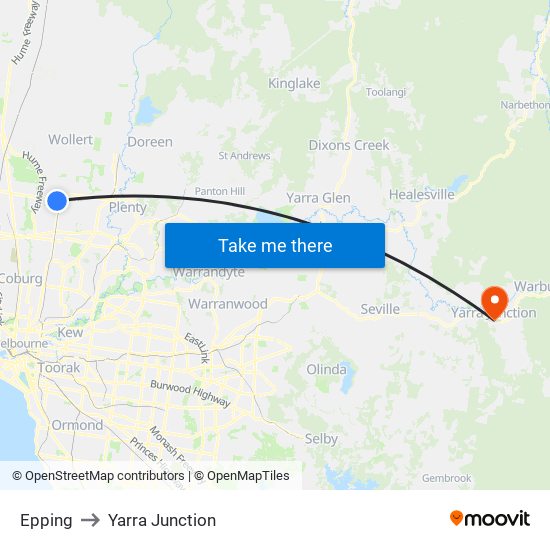 Epping to Yarra Junction map
