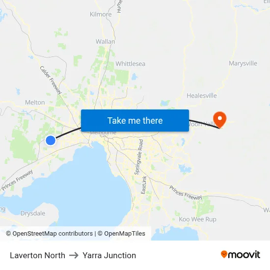 Laverton North to Yarra Junction map