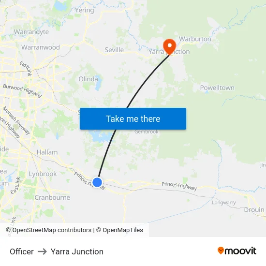 Officer to Yarra Junction map