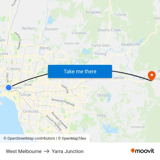 West Melbourne to Yarra Junction map