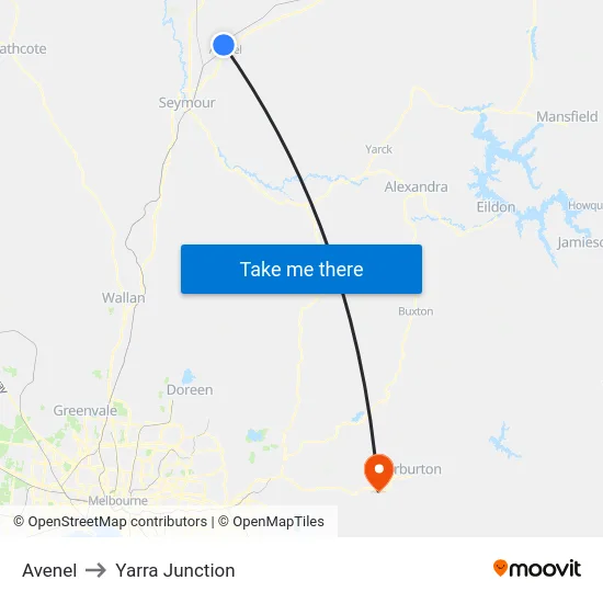 Avenel to Yarra Junction map
