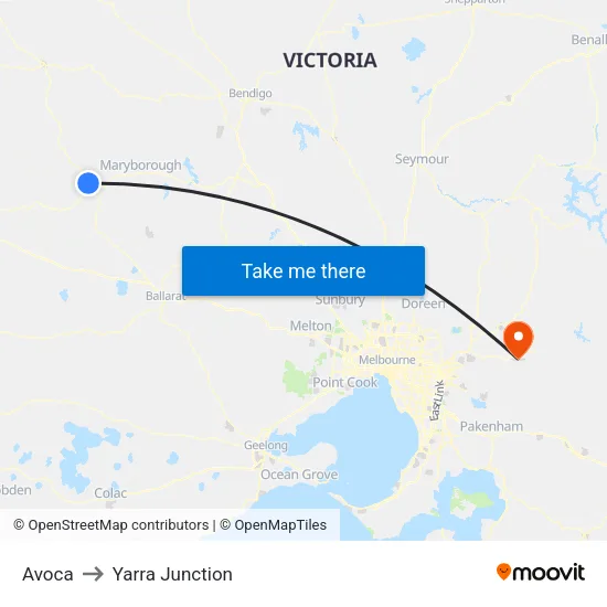 Avoca to Yarra Junction map