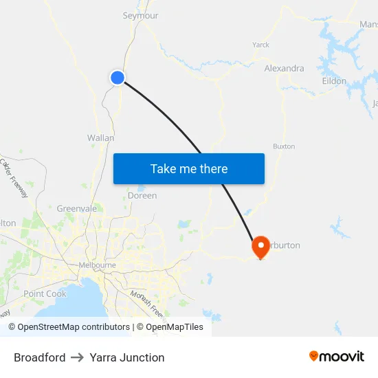 Broadford to Yarra Junction map