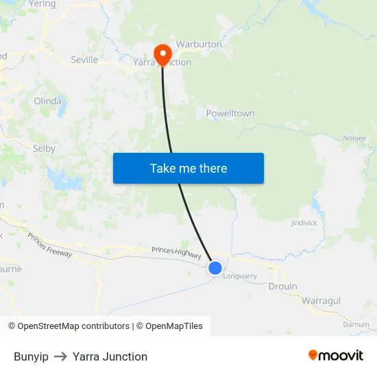 Bunyip to Yarra Junction map