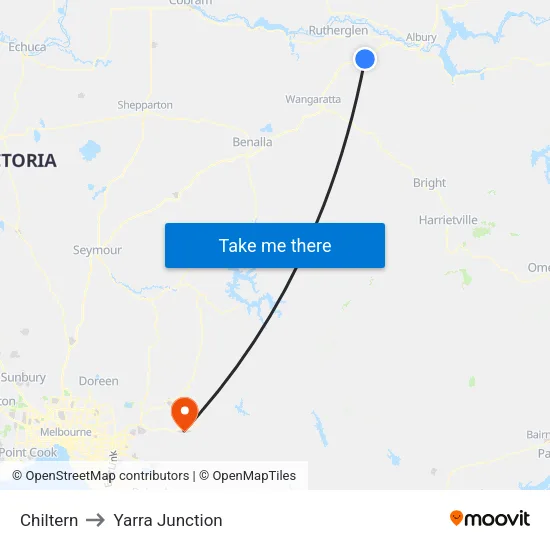 Chiltern to Yarra Junction map