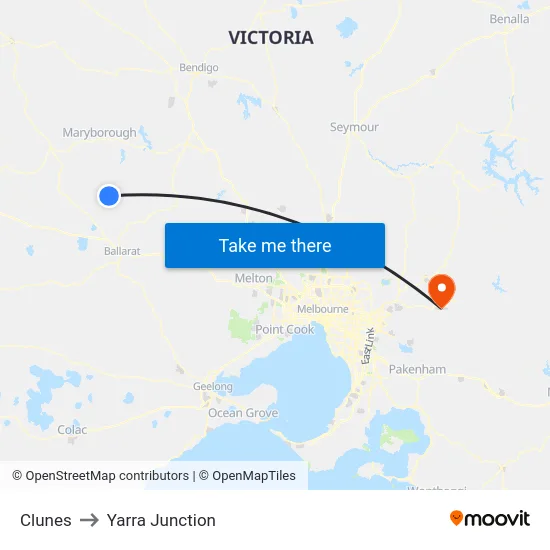 Clunes to Yarra Junction map