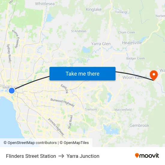 Flinders Street Station to Yarra Junction map