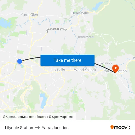 Lilydale Station to Yarra Junction map