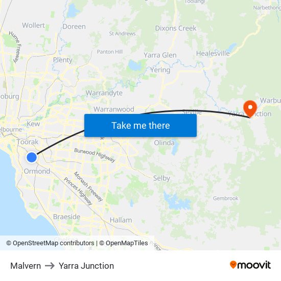 Malvern to Yarra Junction map