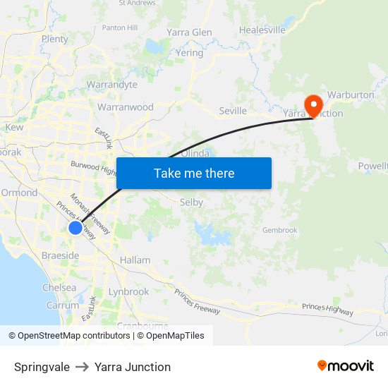 Springvale to Yarra Junction map