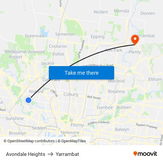 Avondale Heights to Yarrambat map